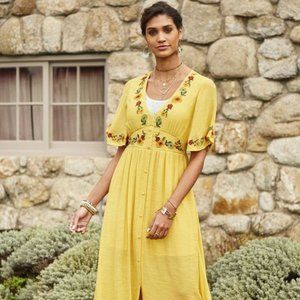 ALTAR'D STATE Yellow Bell Sleeve Embroidered Floral Boho Maxi Dress